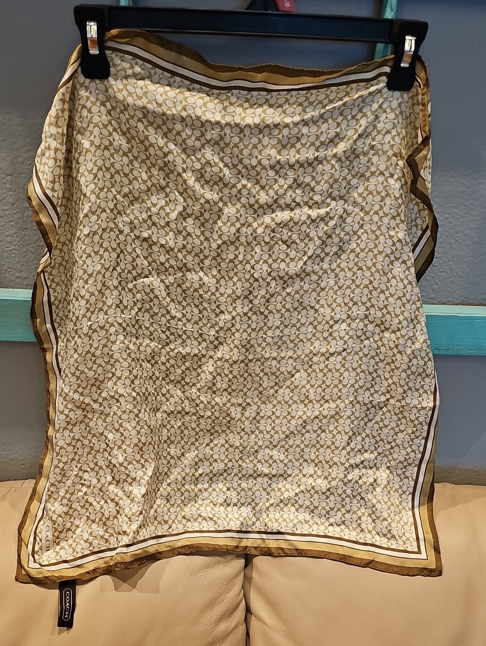 Coach Beige and Gold Signature Print 100 Percent Silk Scarf